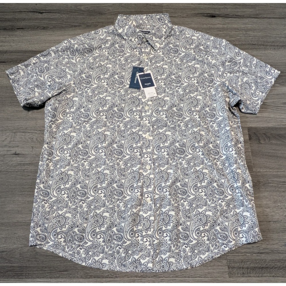NWT Club Room Men's Navy Blue & White Paisley Stretch Short Sleeve Shirt Size XL
